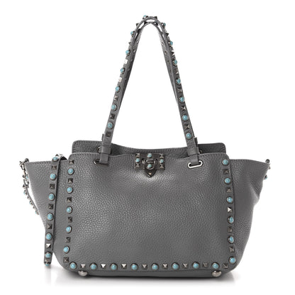 Valentino Garavani Grained Calfskin Turquoise Small Rockstud Rolling Tote Light Stone 1 of 14