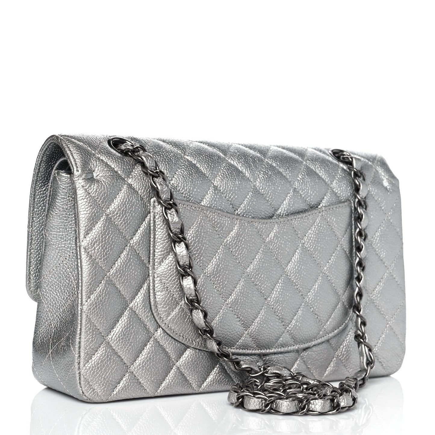 Metallic Caviar Quilted Medium Double Flap Silver