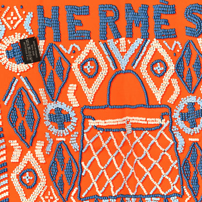 Hermes Silk Jersey Kelly En Perles Scarf 45 Orange Bleu Jean 3 of 3