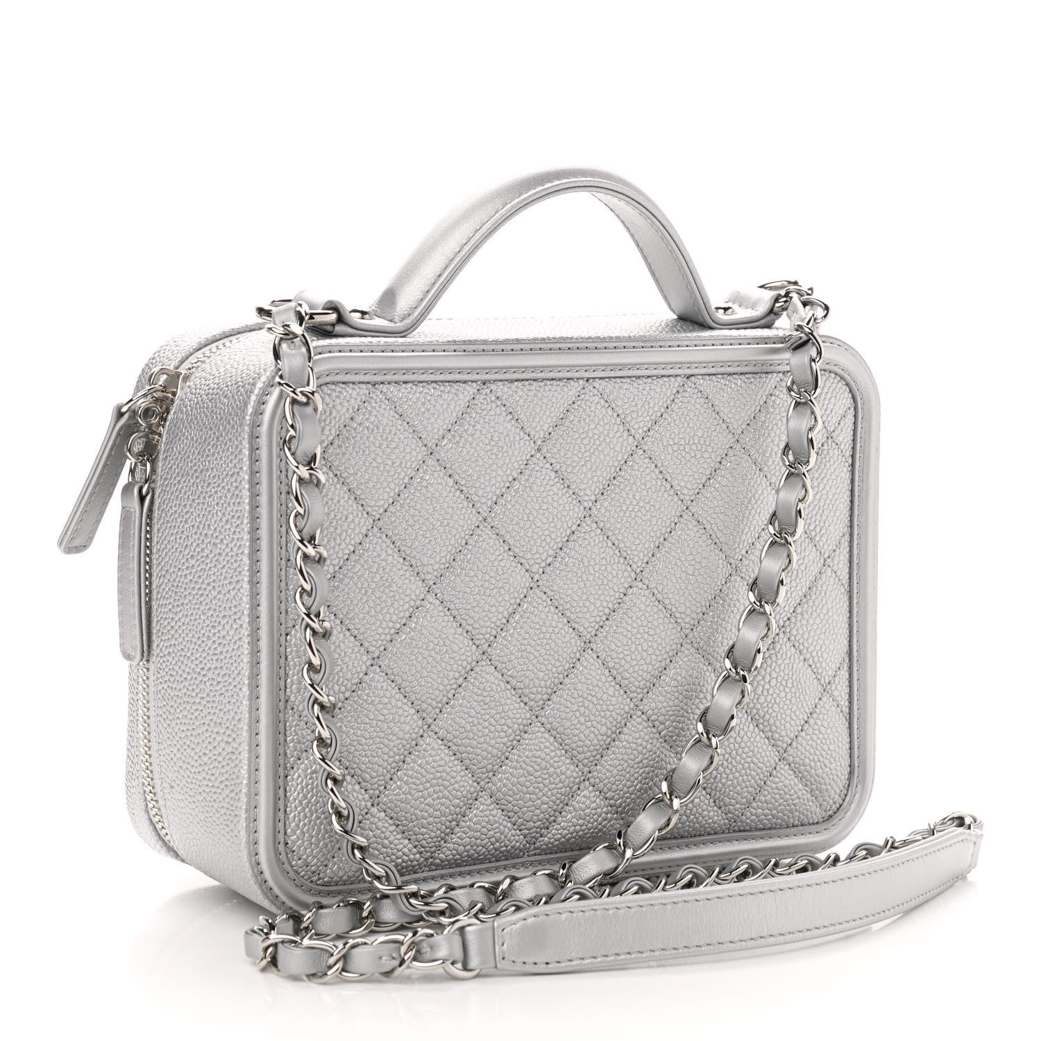 Chanel Metallic Caviar Quilted Medium CC Filigree Vanity Case Silver 3 of 10
