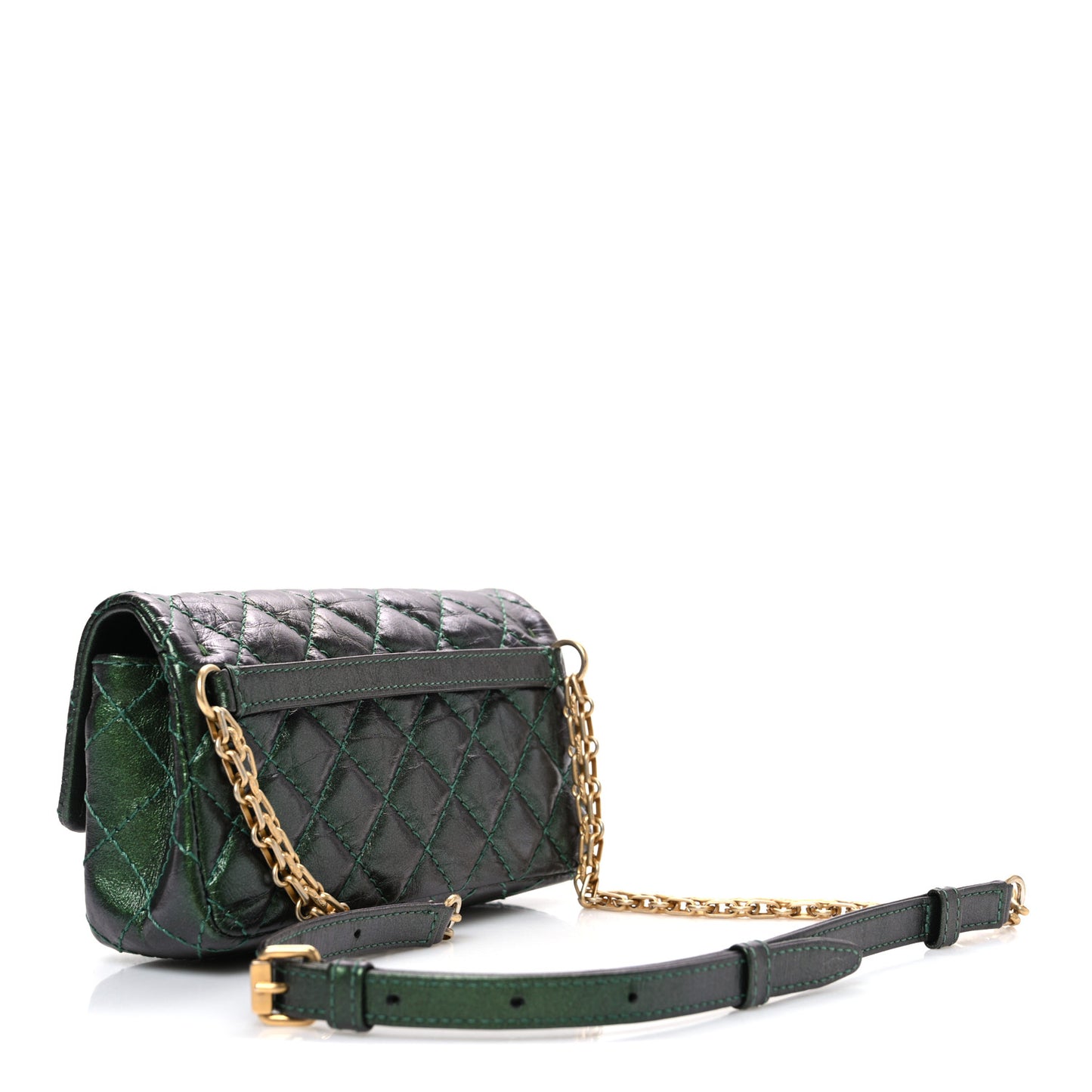 Metallic Aged Calfskin Quilted 2.55 Reissue Flap Belt Bag Clutch Green
