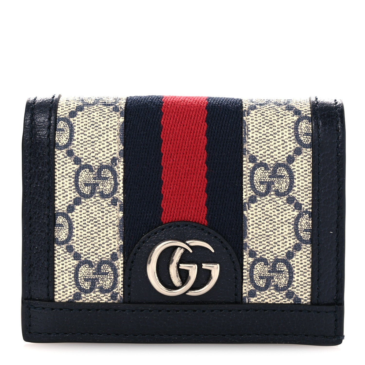 Gucci GG Supreme Monogram Textured Dollar Calfskin Web Ophidia Card Case Beige Blue 1 of 7