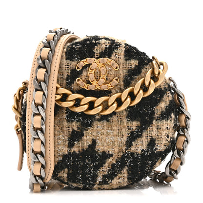 Chanel Wool Tweed Lambskin Quilted Chanel 19 Round Clutch With Chain and Coin Purse Beige Black 1 of 10
