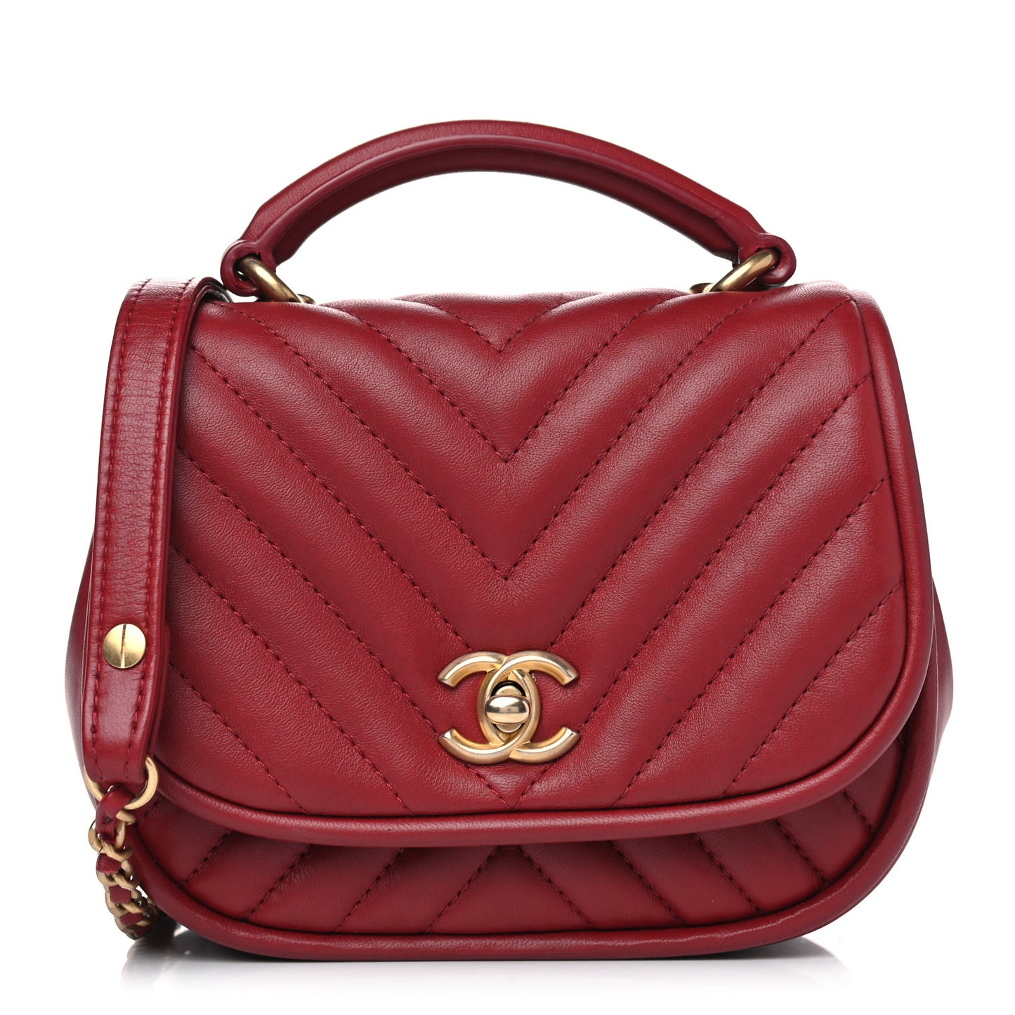 Lambskin Reverse Chevron Quilted Mini Round Top Handle Flap Red
