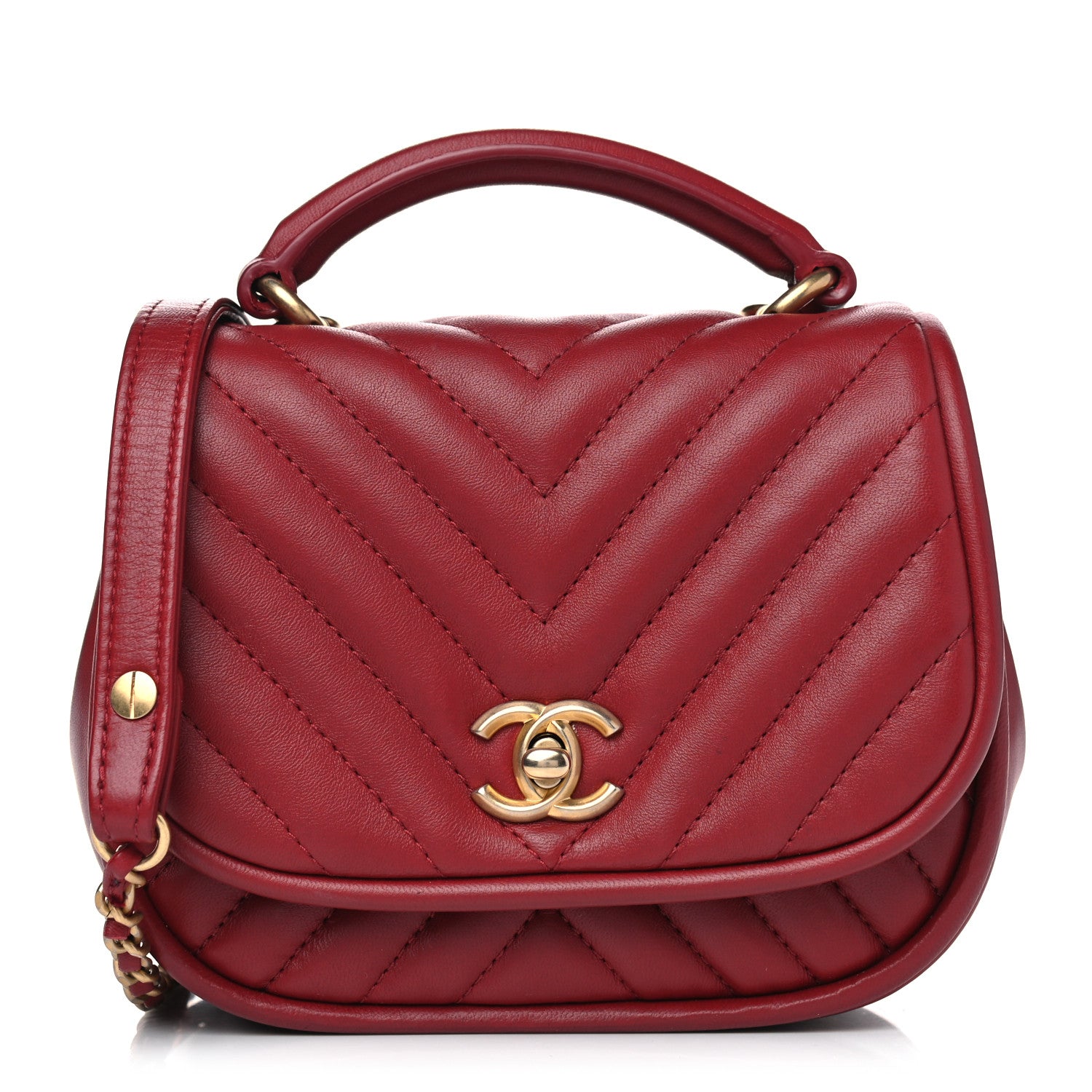 Chanel Lambskin Reverse Chevron Quilted Mini Round Top Handle Flap Red 1 of 4