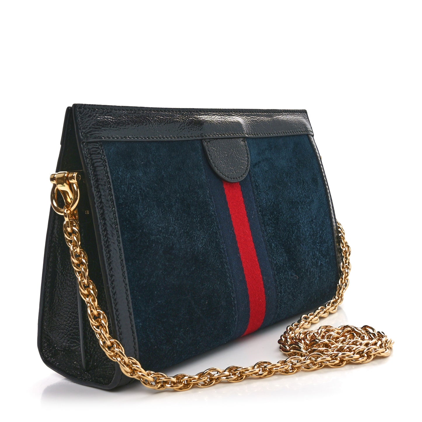 Suede Patent Web Dragon Embroidered Small Ophidia Chain Shoulder Bag Blue Black