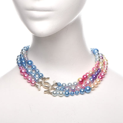 Chanel Pearl CC Multi Strand Necklace Gold Pink Fuchsia Blue 2 of 6