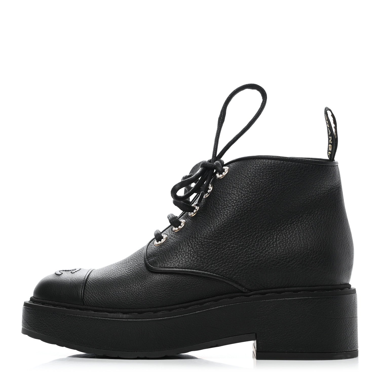 Chanel Goatskin Pearl Lace Up CC Short Boots 38 Black 1 of 8