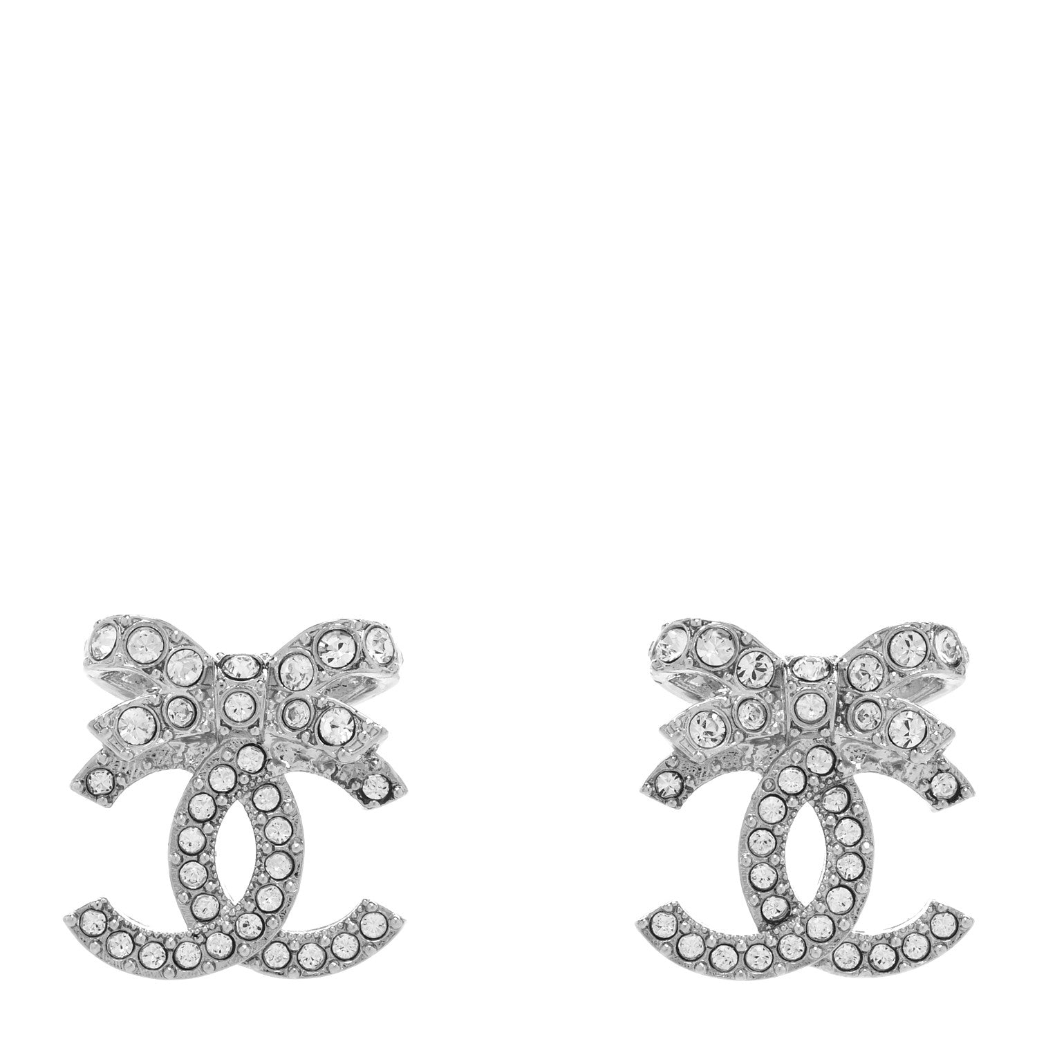Chanel Crystal CC Bow Dangle Earrings Silver 1 of 4