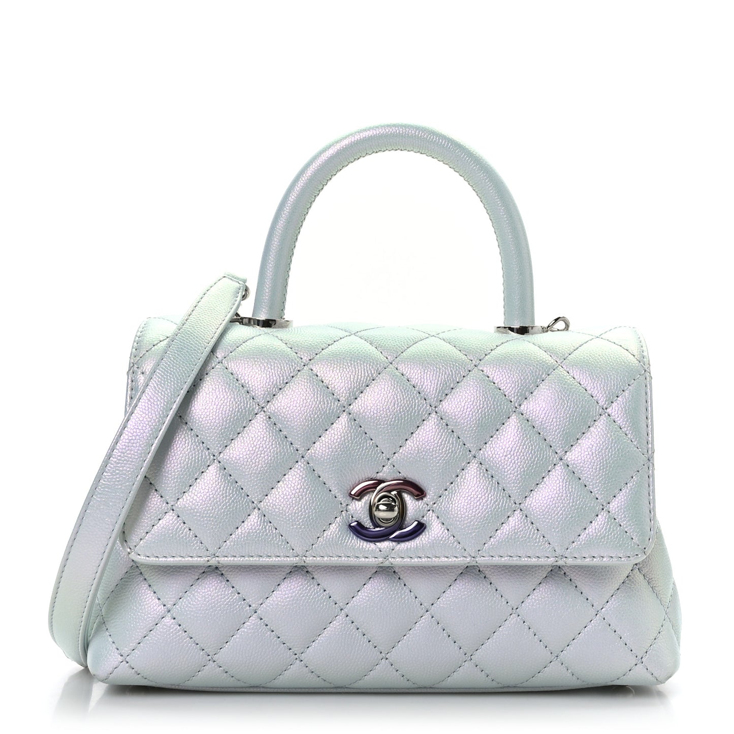 Iridescent Caviar Quilted Mini Coco Handle Flap Light Blue