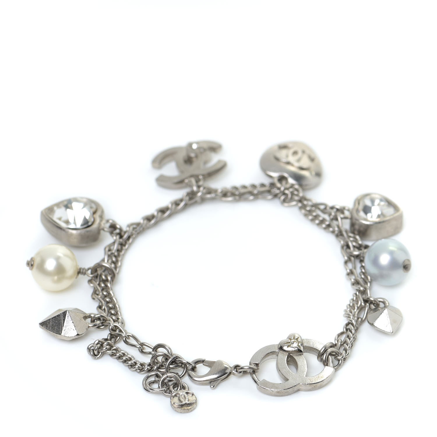 Chanel Metal Crystal Pearl Heart Charm Bracelet Silver 3 of 5