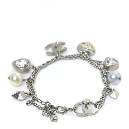 Chanel Metal Crystal Pearl Heart Charm Bracelet Silver 3 of 5