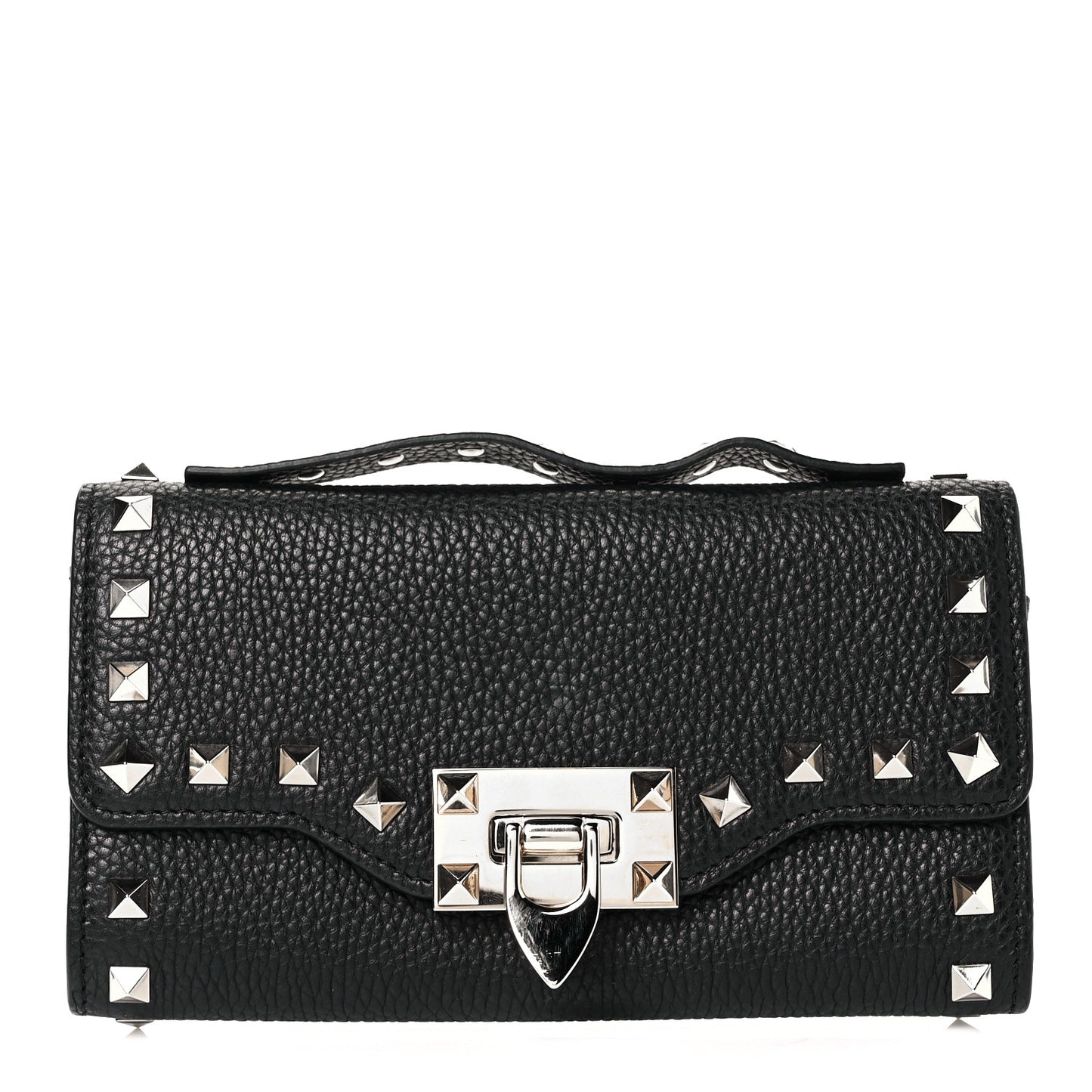 Pebbled Calfskin Rockstud Flip Lock Wallet On Chain Black