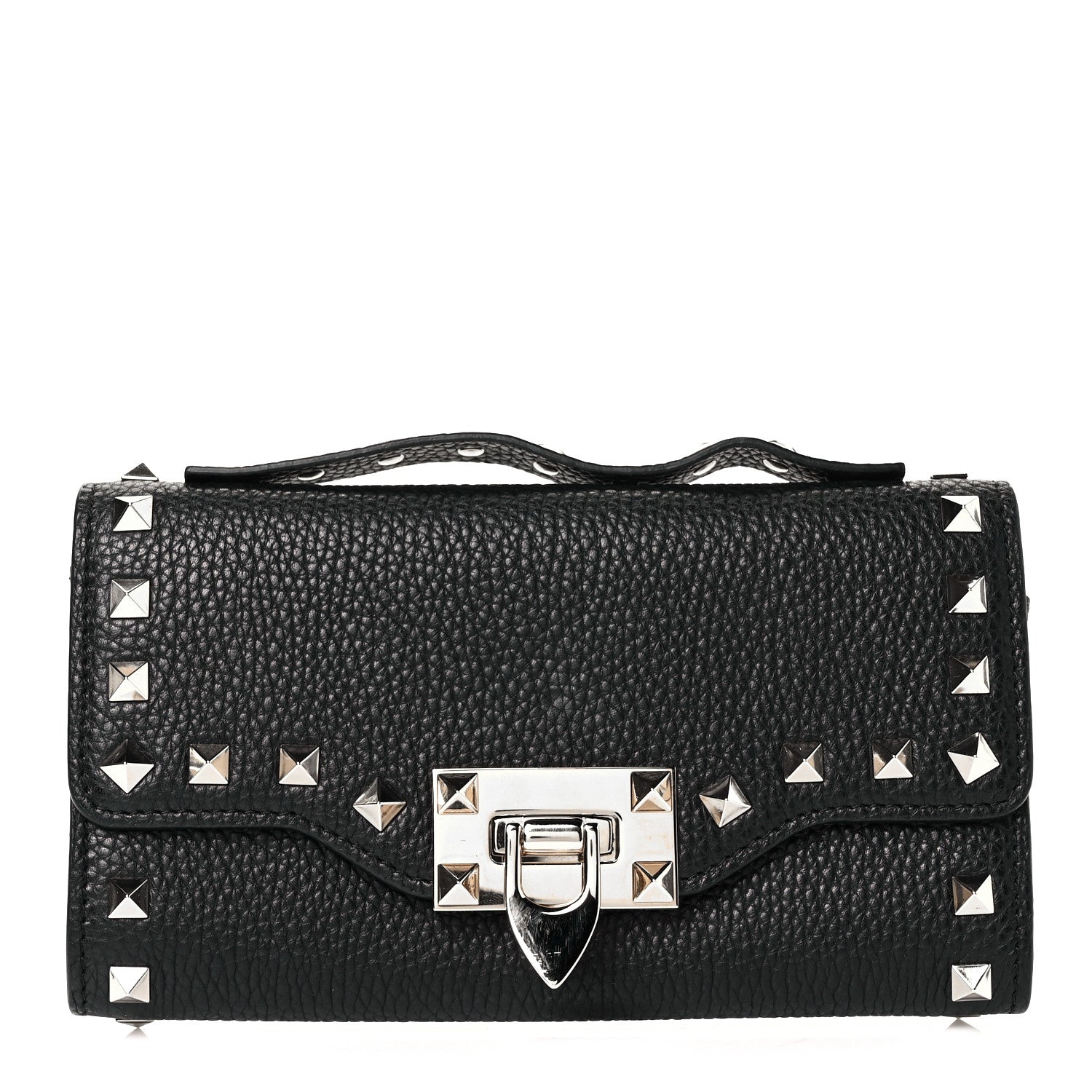 Valentino Garavani Pebbled Calfskin Rockstud Flip Lock Wallet On Chain Black 1 of 8