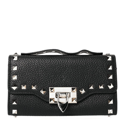 Valentino Garavani Pebbled Calfskin Rockstud Flip Lock Wallet On Chain Black 1 of 8