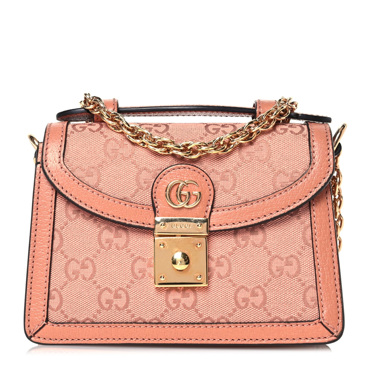 GG Monogram Textured Dollar Calfskin Mini Ophidia Padlock Top Handle Chain Shoulder Bag Cloche Rose Pink