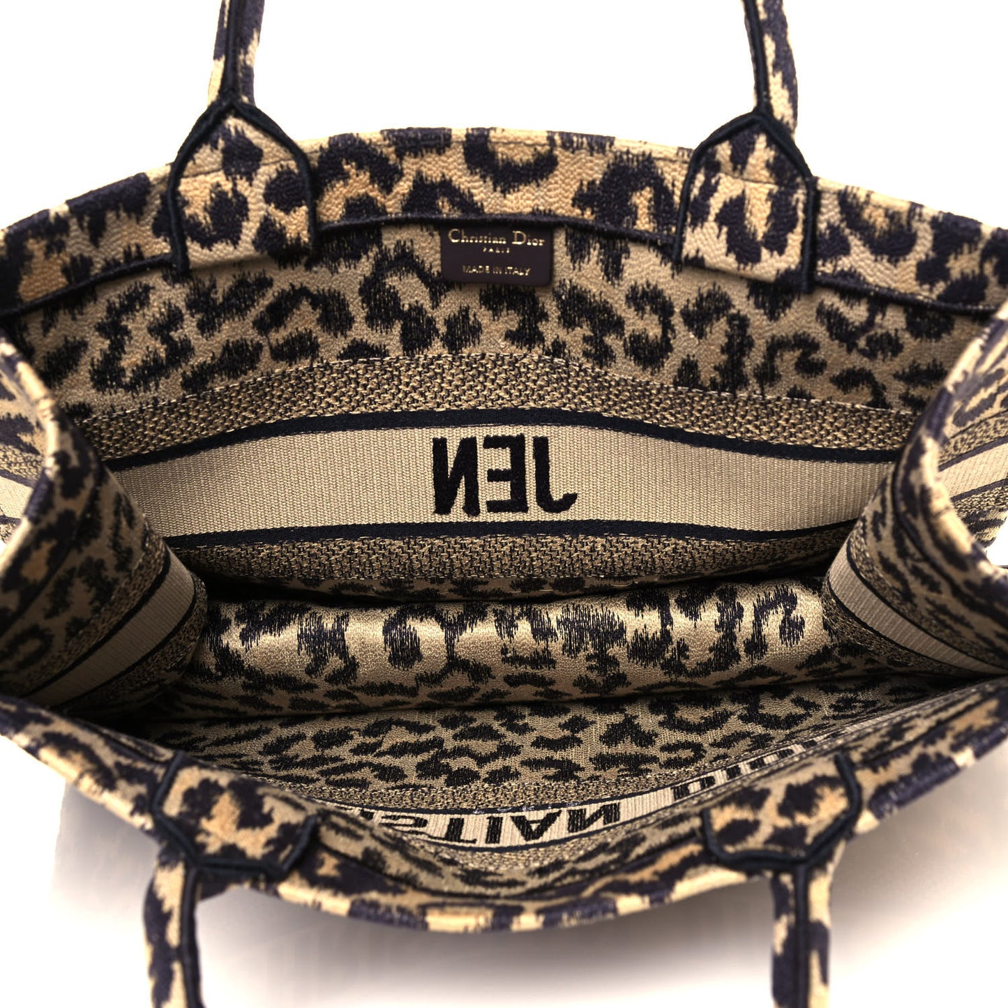 Canvas Mizza Embroidered Medium Leopard Book Tote Beige