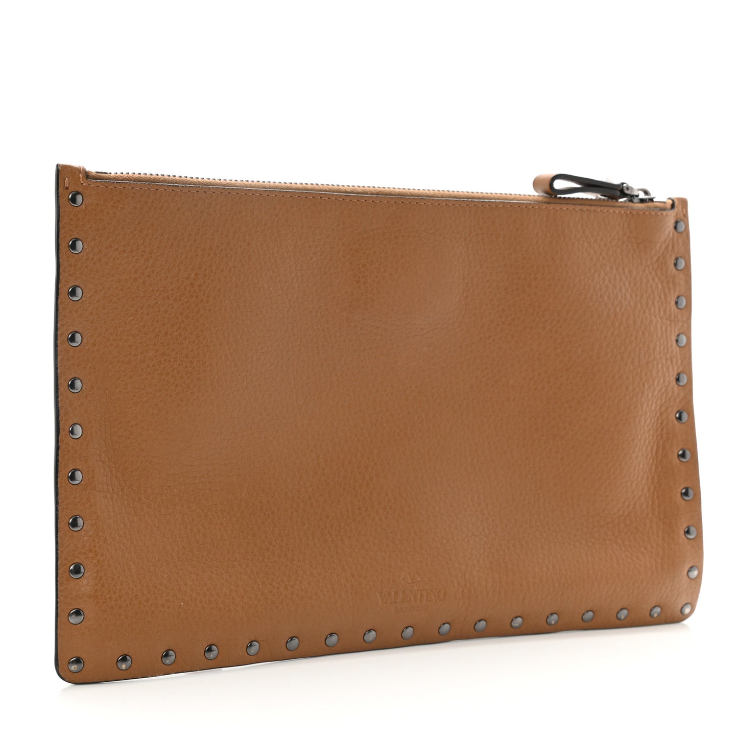 Pebbled Calfskin Large Rockstud Zip Pouch Camel