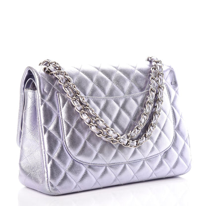 Chanel Metallic Lambskin Quilted Jumbo Double Flap Light Purple 3 of 10