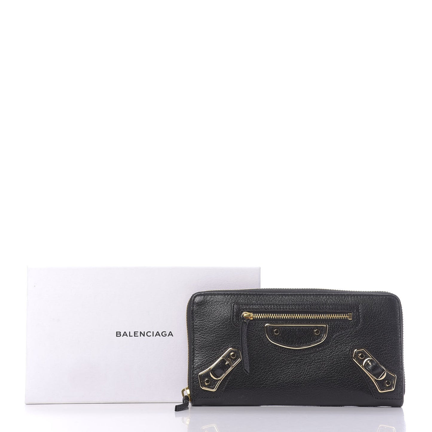 Chevre Gold Metallic Edge Hardware Zip Around Wallet Black