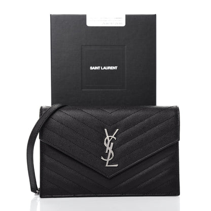 Saint Laurent Grain De Poudre Matelasse Chevron Monogram Envelope Chain Wallet Black 10 of 10