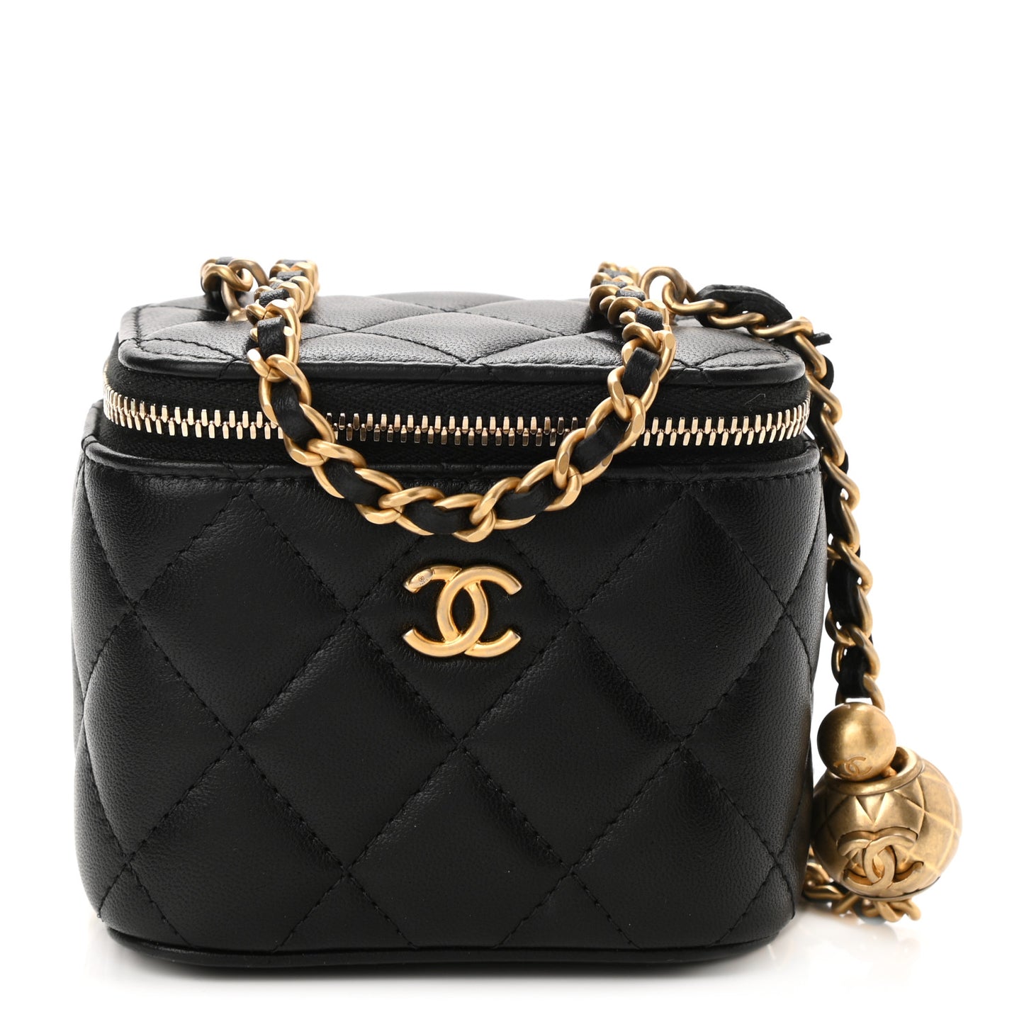 Lambskin Quilted Mini Pearl Crush Vanity Case With Chain Black