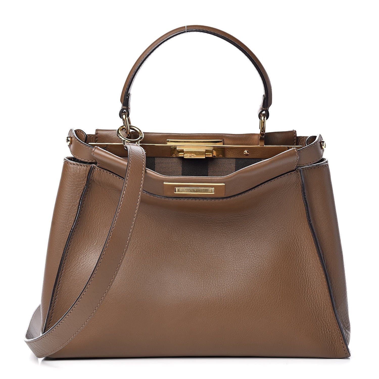 Fendi Vitello Seta Fabric Jacquard Pequin Medium Peekaboo Iconic Satchel Foresta Tobacco 1 of 9