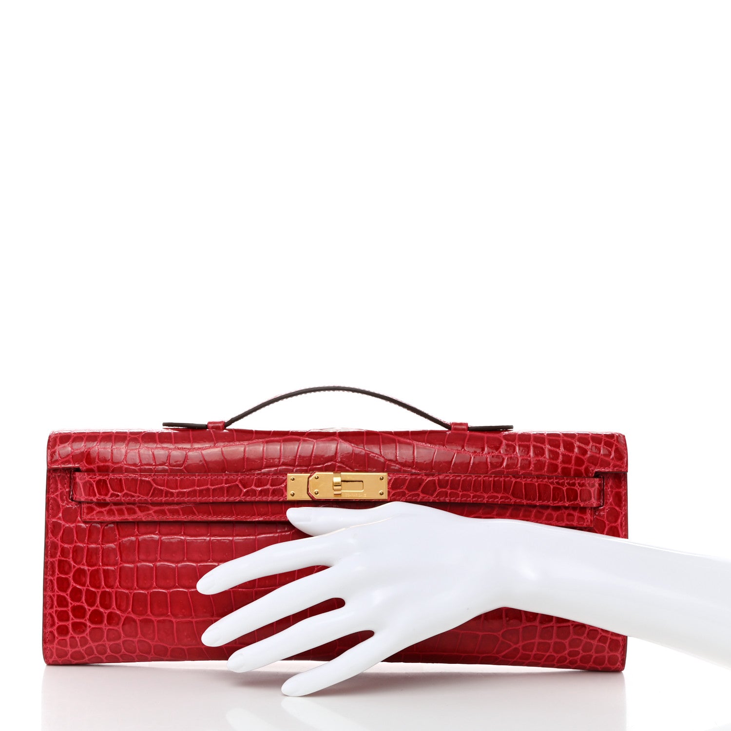 Hermes Shiny Porosus Crocodile Kelly Cut Pochette Rouge Vif 2 of 11