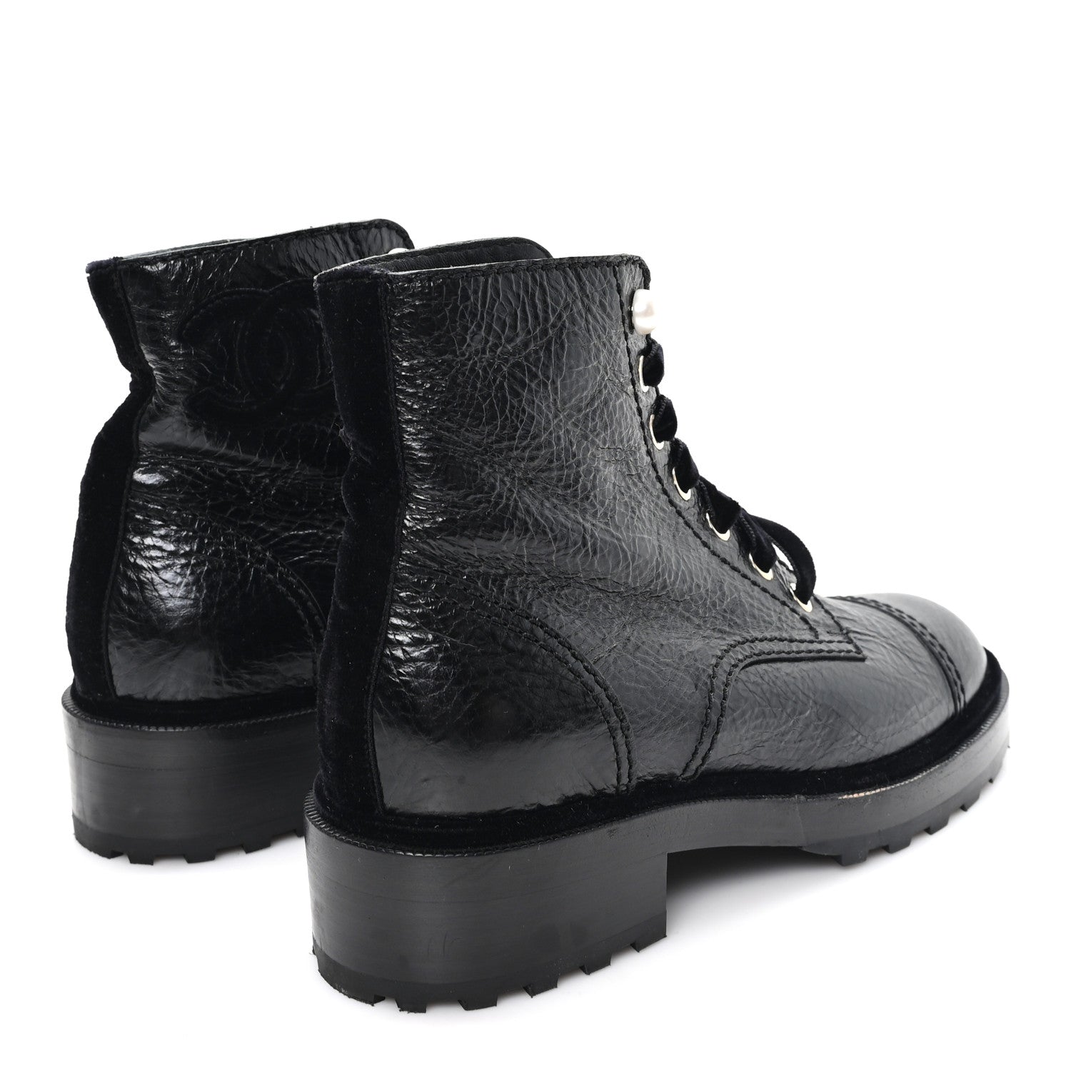 Chanel Shiny Calfskin Velvet Pearl Combat Short Boots 37.5 Black 5 of 9