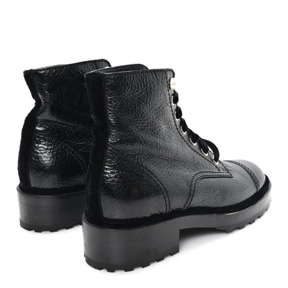 Chanel Shiny Calfskin Velvet Pearl Combat Short Boots 37.5 Black 5 of 9