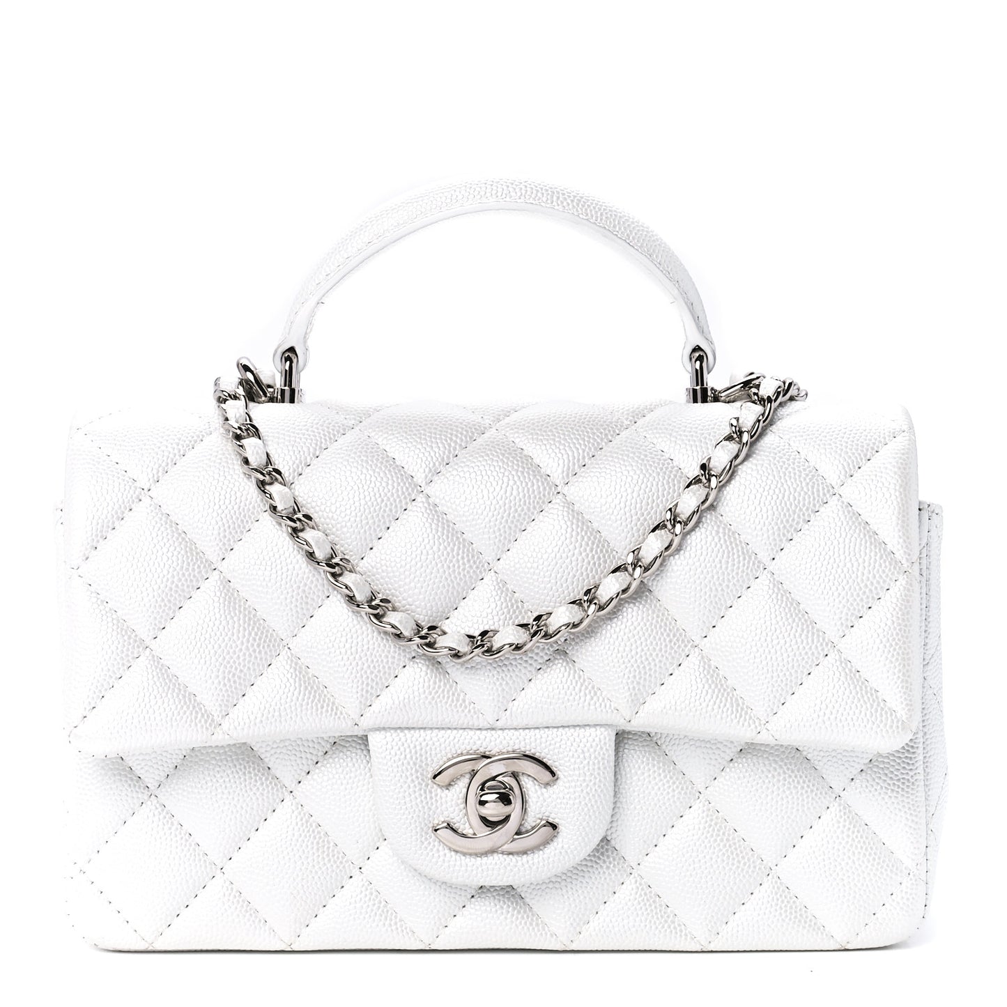 Iridescent Caviar Quilted Mini Top Handle Rectangular Flap White
