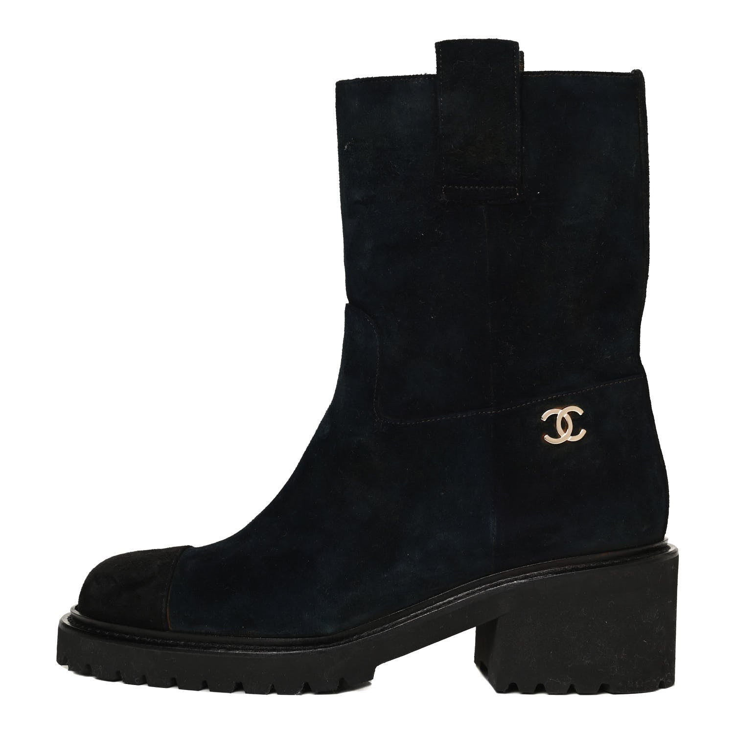 Chanel Suede Calfskin CC Cap Toe Boots 36 Navy Black 1 of 13