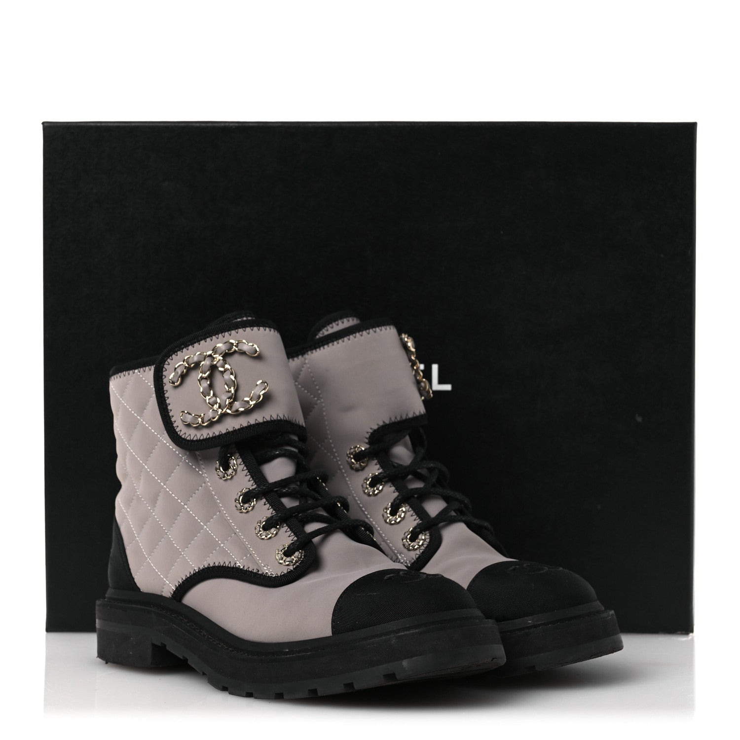 Chanel Fabric Grosgrain Quilted Cap Toe Lace Up Combat Boots 36.5 Gray 12 of 12