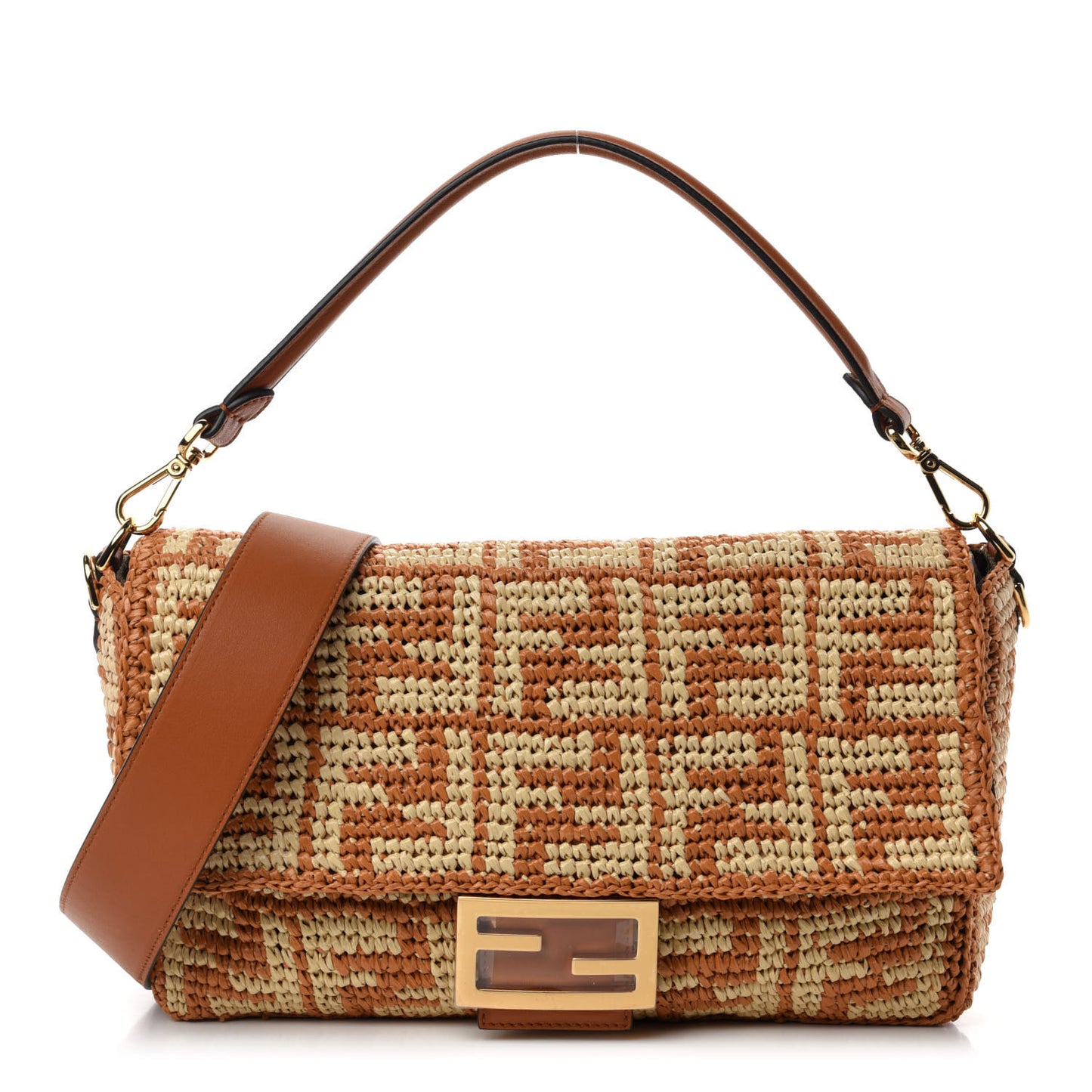 Raffia Vitello Seta FF Woven Large Baguette Brick Natural