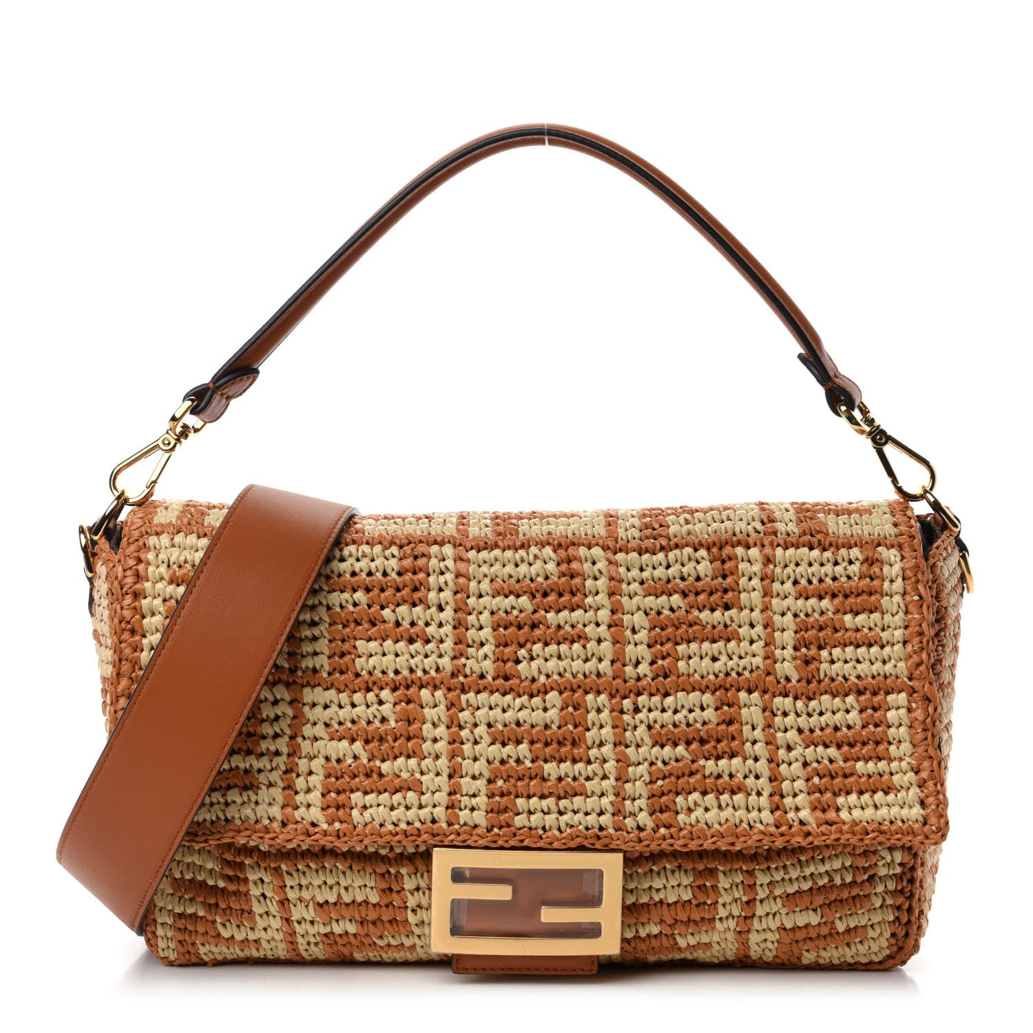 Fendi Raffia Vitello Seta FF Woven Large Baguette Brick Natural 1 of 13
