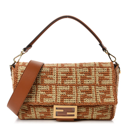 Fendi Raffia Vitello Seta FF Woven Large Baguette Brick Natural 1 of 13