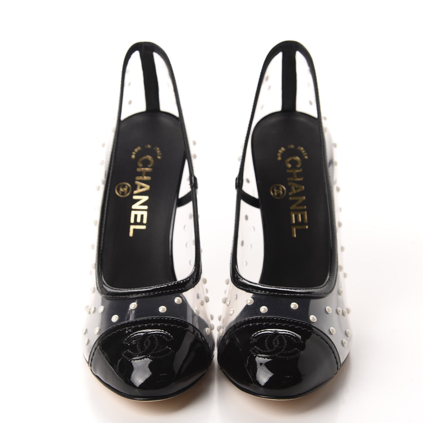 PVC Patent Calfskin Pearl Cap Toe Pumps 37 Transparent Black