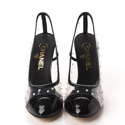 Chanel PVC Patent Calfskin Pearl Cap Toe Pumps 37 Transparent Black 2 of 9