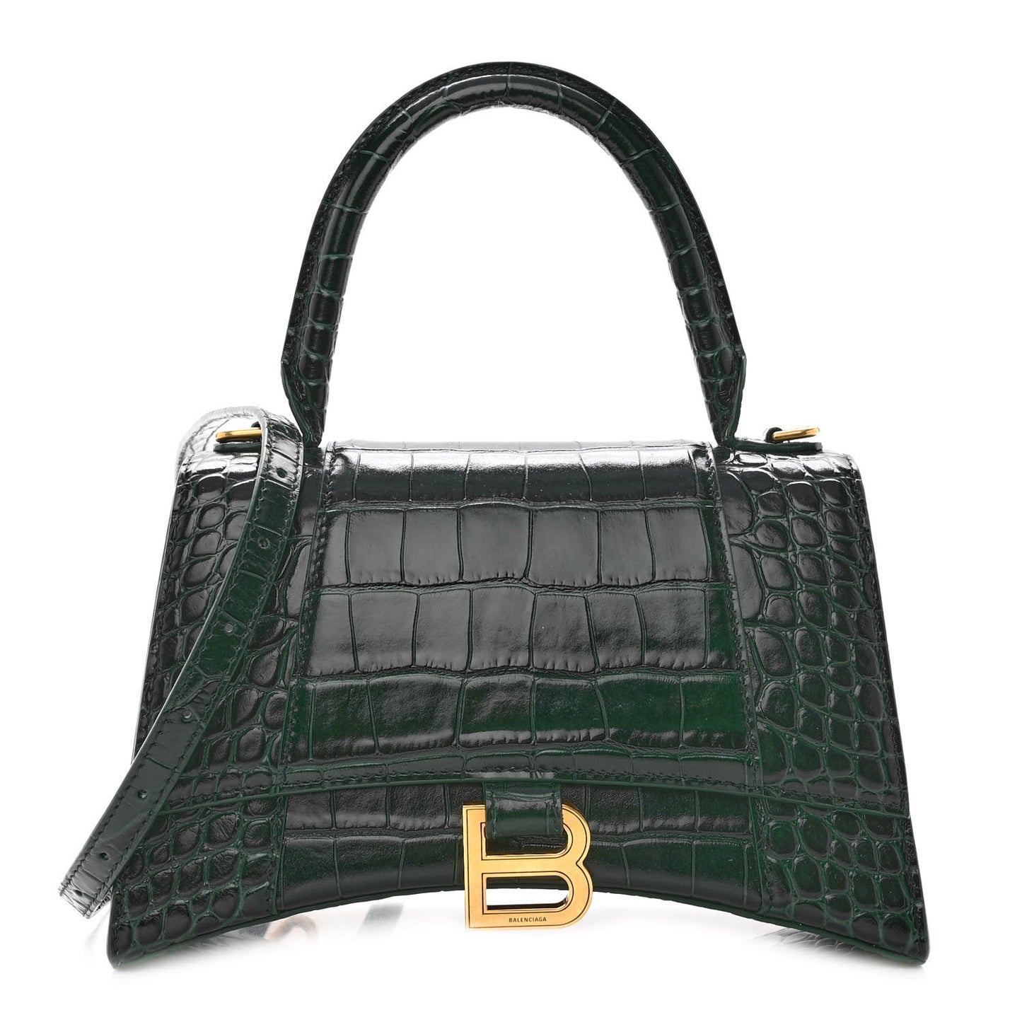 Shiny Calfskin Crocodile Embossed Small Hourglass Top Handle Bag Forest Green