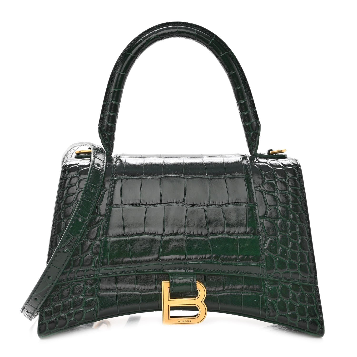 Balenciaga Shiny Calfskin Crocodile Embossed Small Hourglass Top Handle Bag Forest Green 1 of 9