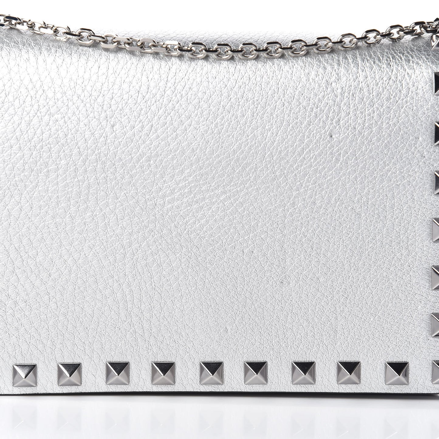 Metallic Pebbled Calfskin Rockstud Wallet on Chain Silver