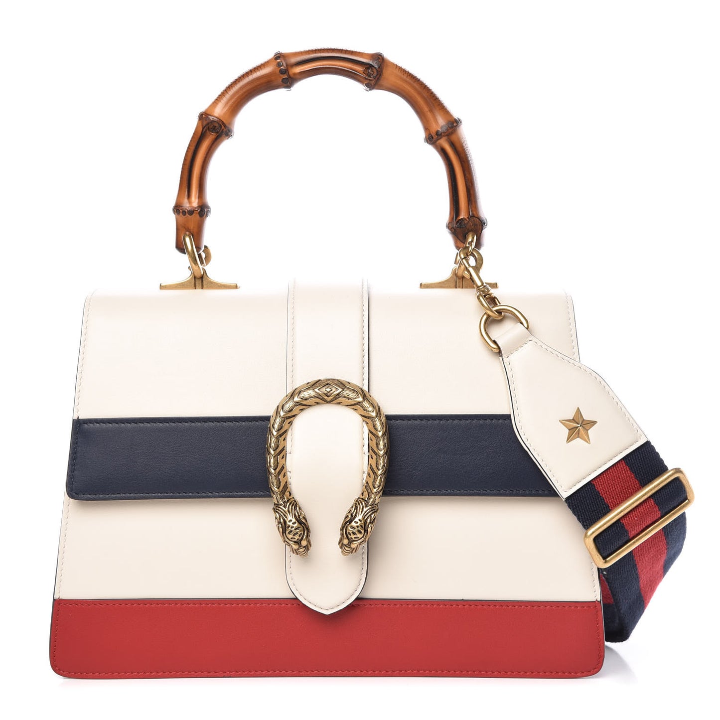 Calfskin Bamboo Web Medium Dionysus Top Handle Bag White Blue Hibiscus Red