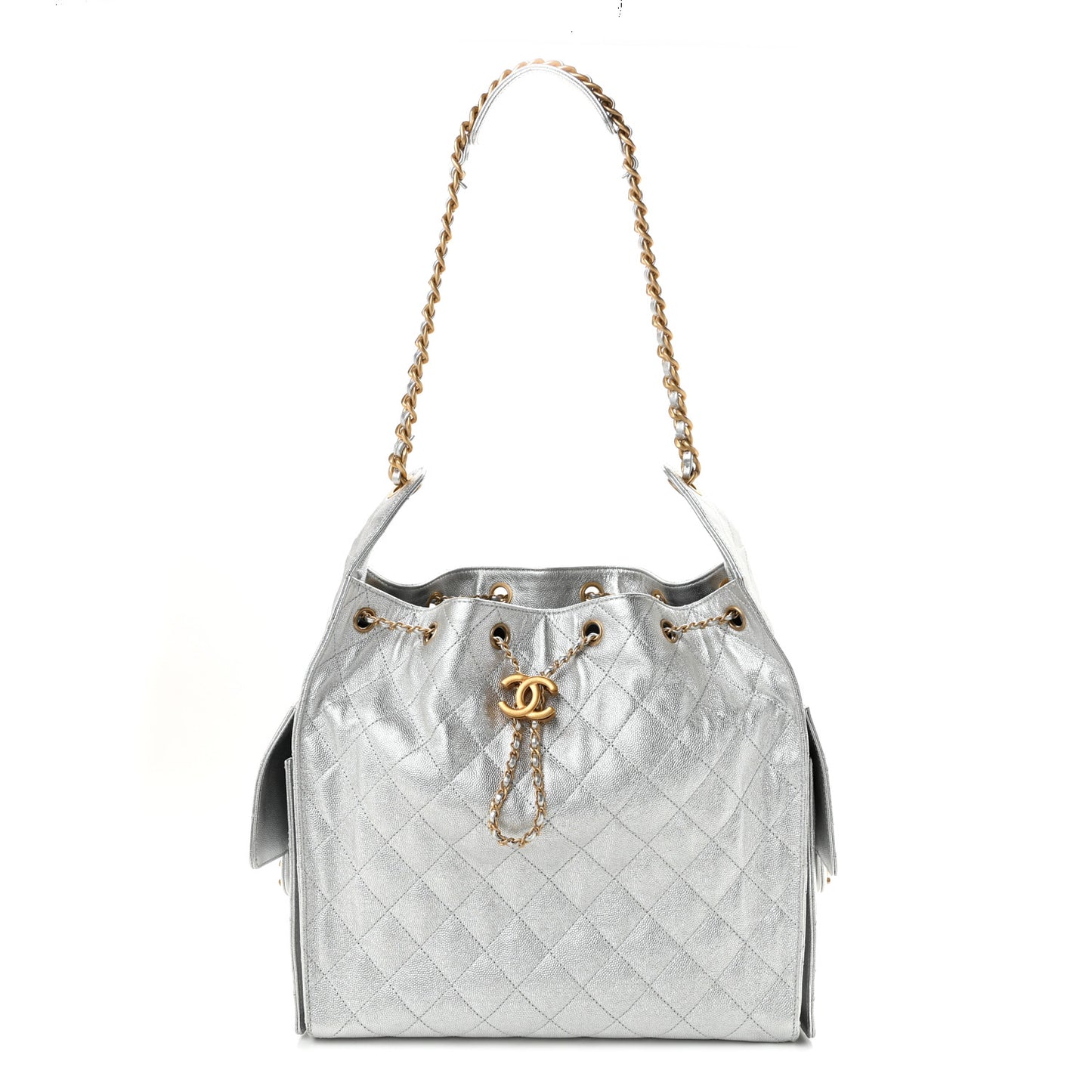Metallic Caviar Quilted Medium Chanel 25 Handbag Silver