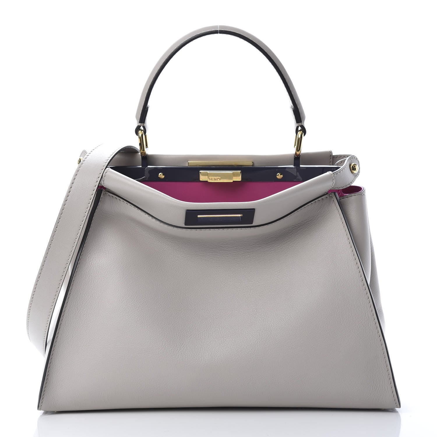Fendi Vitello Seta Shiny Nappa Medium Peekaboo Iconic Satchel Grigio Polvere Magenta 9 of 12