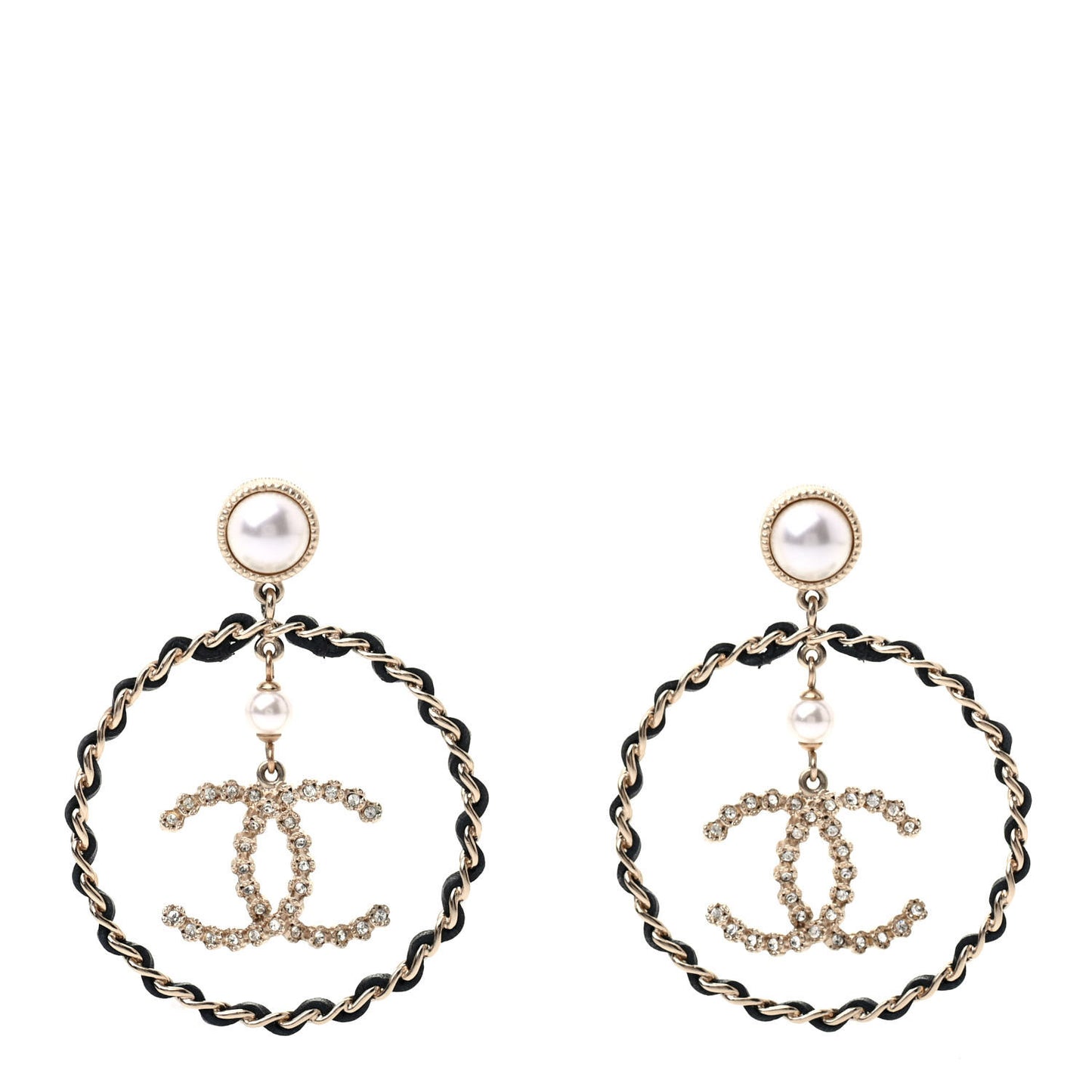 Lambskin Crystal Pearl CC Chain Hoop Earrings Gold Black