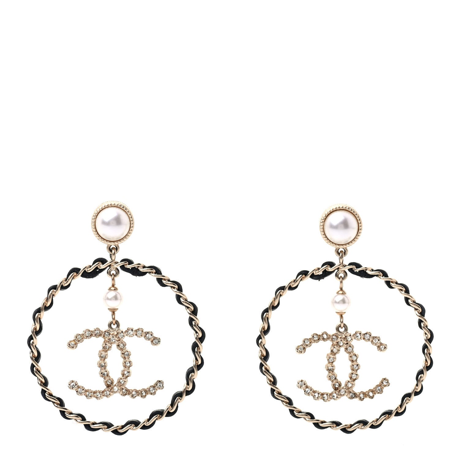 Chanel Lambskin Crystal Pearl CC Chain Hoop Earrings Gold Black 1 of 5