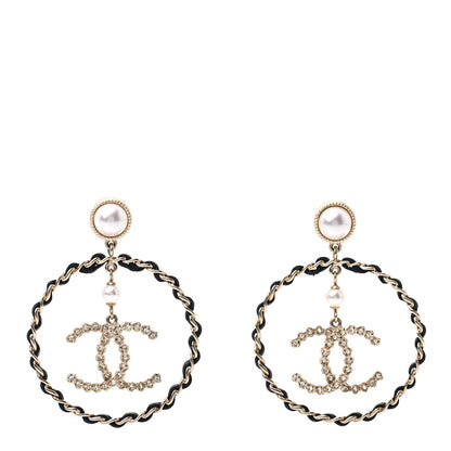 Chanel Lambskin Crystal Pearl CC Chain Hoop Earrings Gold Black 1 of 5