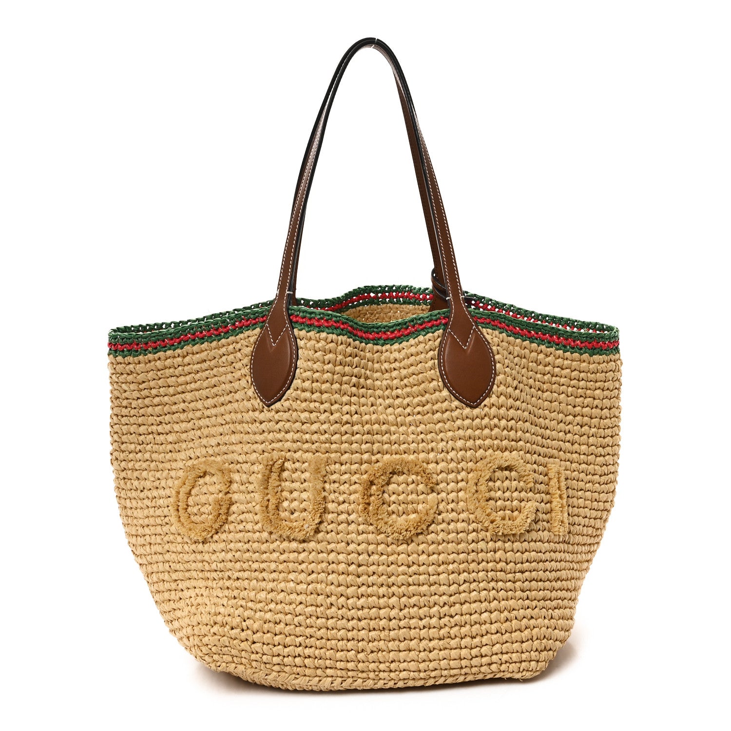 Gucci Raffia Woven Web Logo Medium Tote Bag Natural Brown 1 of 13