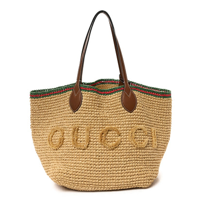 Gucci Raffia Woven Web Logo Medium Tote Bag Natural Brown 1 of 13