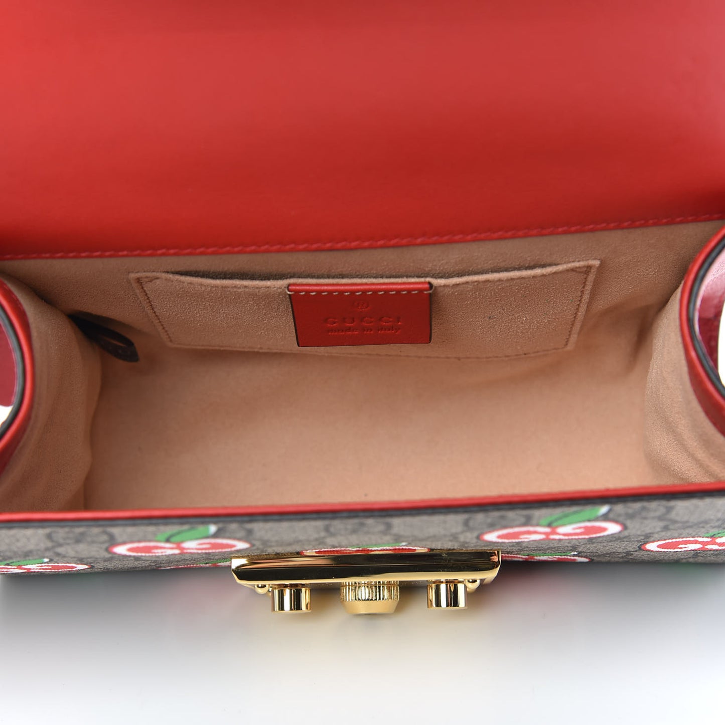 GG Supreme Monogram Apple Small Padlock Shoulder Bag Beige Multicolor Lobster Red